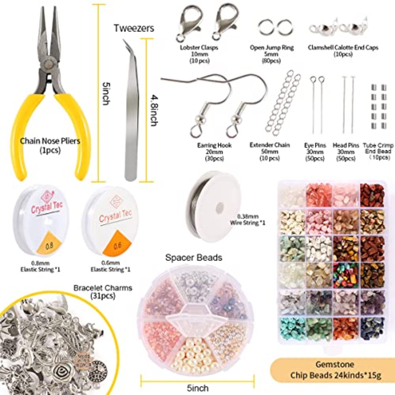2800 Pieces  Crystal Beads for Jewelry Making, Natural Crystal Bead Gemstone Chip Beads for Earring Ring Making Kit with Spacer Beads Earring Hooks Pendants Charms Wire String for DIY Bracelets Beading Kit